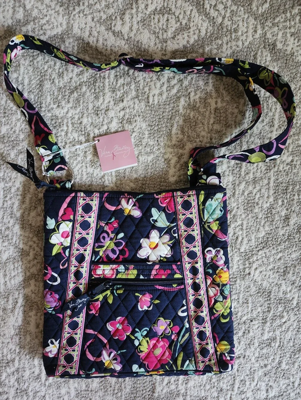 Vera Bradley Navy Floral Quilted Crossbody with Pink and Green Accents